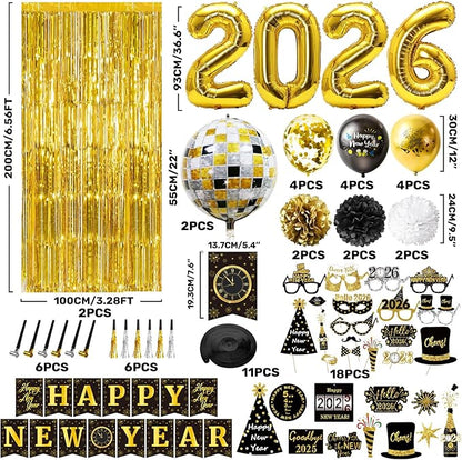 MOVINPE New Years Eve Party Decorations 2026 Black Gold, Happy New Year Party Supplies, Banner Pompoms Number Balloon Fringe Curtain Photo Booth Props Hanging Swirl Squawkers Blowouts
