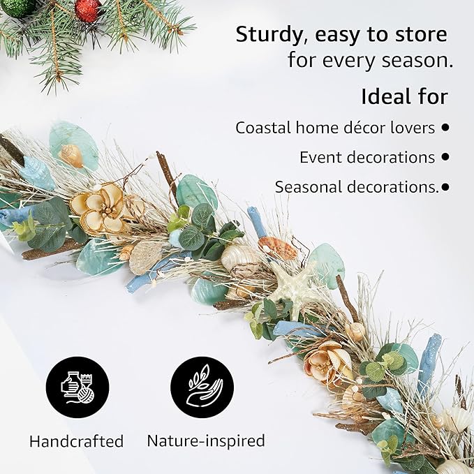 Holiday Tree 5' Coastal Shell Christmas Garland – Handcrafted Beach Christmas Decor with Capiz Shells, Driftwood & Twigs | Coastal Elegance for Mantle, Wall, Bedroom, Dining & Doorway