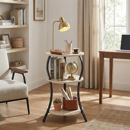 Vintage Small Round Side Table, 3-Tier Slim Waist Circular End Table with Storage Shelf, Compact Tea Sofa Side Table, Round Corner Coffee Table Nightstand for Living Room Bedroom Small Spaces,Oak