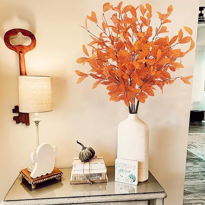 Uieke 6 Pcs Artificial Fall Eucalyptus Stems Fall Eucalyptus Leaves Plants Fall Decorations with Fall Leaves for Autumn Office Home Wedding Centerpiece Fall Florals Arrangement Decor (Orange)
