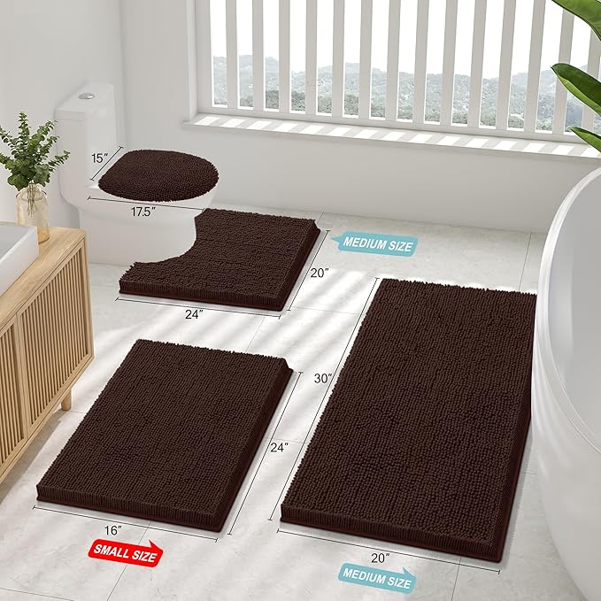 Smiry Luxury Chenille Bathroom Rugs 40x32, Extra Soft and Absorbent Shaggy Bath Mat, Machine Washable, Non-Slip Plush Carpet Runner for Tub, Shower, and Floor, Home Decor Accessories, Brown