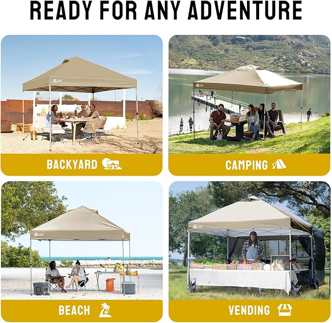 CROWN SHADES 12x12 Pop Up Canopy Outside Canopy, Patented One Push Tent Canopy with Wheeled Carry Bag, Bonus 8 Stakes and 4 Ropes, Beige