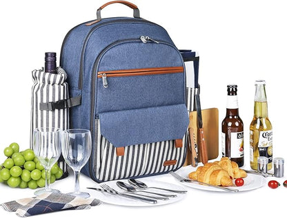 Sunflora Insulated Picnic Backpack for 2 Person Bag with Cooler Compartment, Blanket and Stainless Steel Cutlery Set for Couple, Lovers and Friends (Blue & Stripe)