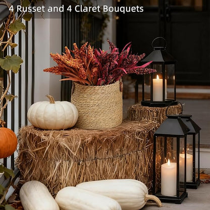 KBREE 16" Artificial Fall Grain Bundles for Thanksgiving Decoration, 4 Packs Rustic Harvest Sheaves with Aged Leaves, Faux Grain Bouquets for Thanksgiving Table Centerpiece, Farmhouse Decor (Claret)