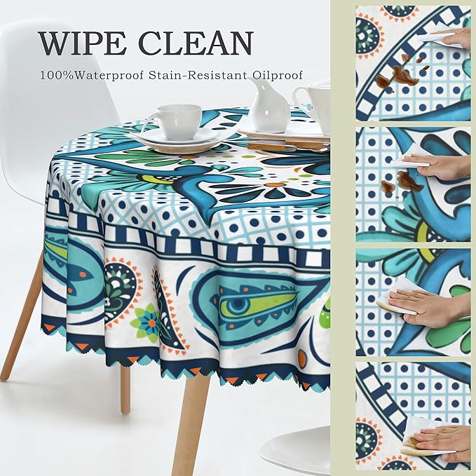 Eikione Boho Round Tablecloth 60inch, Bohemia Table Cloth, Polyester Waterproof Stain Wrinkle Free Tablecloths, Indoor and Outdoor Table Cover for Home Kitchen Dining Decor
