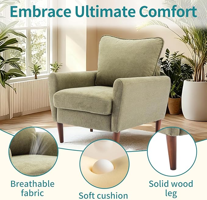 OLIXIS Comfy Accent Chair for Living Room Bedroom and Waiting Room, Upholstered Mid-Century Reading Chair with Pillow and Solid Wood Legs, Wide Singe Modern Lounge Sofa (Green)