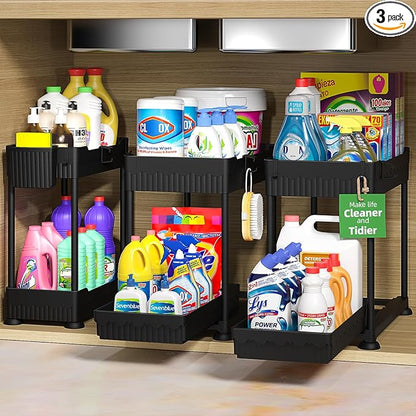 3 Pack Under Sink Organizers, 2-Tier Multi-Use Kitchen and Bathroom Organizers and Storage with Sliding Drawers, Bathroom Cabinet Organizer (Black, 14.8 Inch)