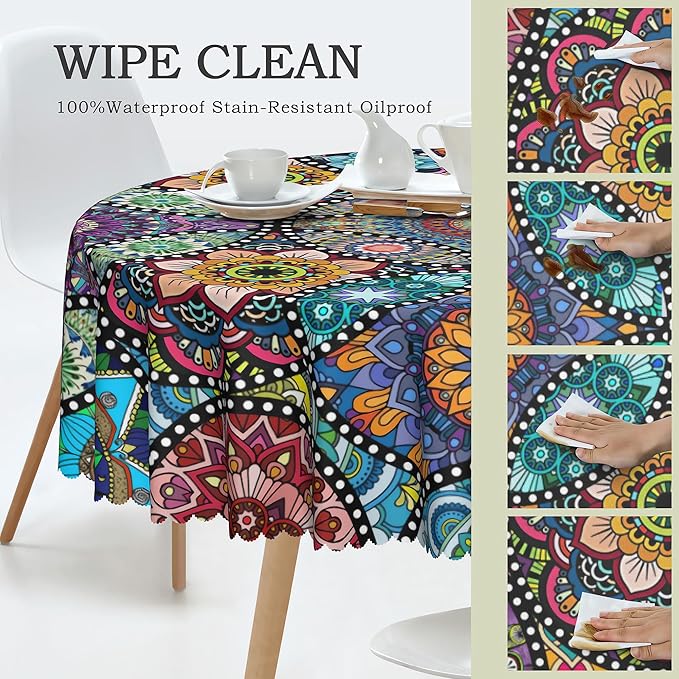 Eikione Boho Round Tablecloth, 60inch Bohemia Table Cover, Colorful Polyester Waterproof Stain Resistant, Wrinkle Free, Circle Tablecloth for Indoor and Outdoor Use