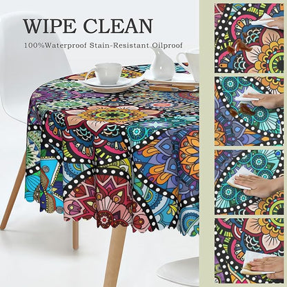 Eikione Boho Round Tablecloth, 60inch Bohemia Table Cover, Colorful Polyester Waterproof Stain Resistant, Wrinkle Free, Circle Tablecloth for Indoor and Outdoor Use