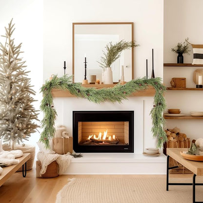 WBHome 2pcs Real Touch Cypress Cedar & Pine Cone Evergreen Garland for Christmas Holiday Seasonal Outdoor/Indoor Home Decor, 9FT Long