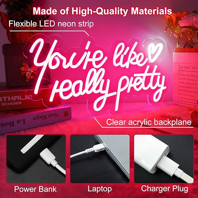 Your are Like Really Pretty Neon Sign, Pink Led Neon Light for Wall Decor with USB Dimmable Switch Reusable Neon Light Sign for Wedding, Engagement, Party, Bar Pub, Bedroom Decor Girlfriends Gift