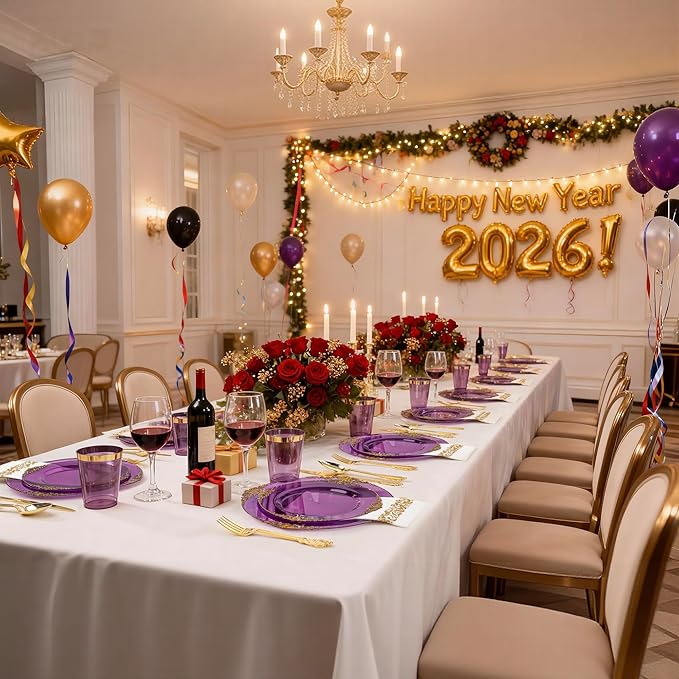 Nervure 350PCS Purple Plastic Plates - Purple Plastic Dinnerware Sets for 50 Guests - 100 Disposable Plates, 150 Gold Silverware, 50 Cups, 50 Napkins for Wedding & Party