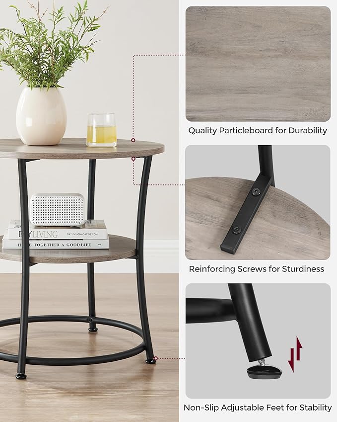 VASAGLE 21.7-Inch Round Side Table, 2-Tier End Table, Nightstand with Steel Frame, Spacious Top, for Small Spaces, Living Room, Bedroom, Heather Greige and Ink Black ULET56BG | 2 Storage Shelves, Living Room, Bedroom, Nightstand, Small Spaces, Accent C...