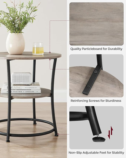 VASAGLE 21.7-Inch Round Side Table, 2-Tier End Table, Nightstand with Steel Frame, Spacious Top, for Small Spaces, Living Room, Bedroom, Heather Greige and Ink Black ULET56BG | 2 Storage Shelves, Living Room, Bedroom, Nightstand, Small Spaces, Accent C...