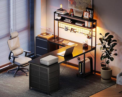 AODK L Shaped Desk Gaming Desk with LED Light & Power Outlet, 59 Inch Reversible L Shaped Computer Table with 4 Drawers for Home Office, Black