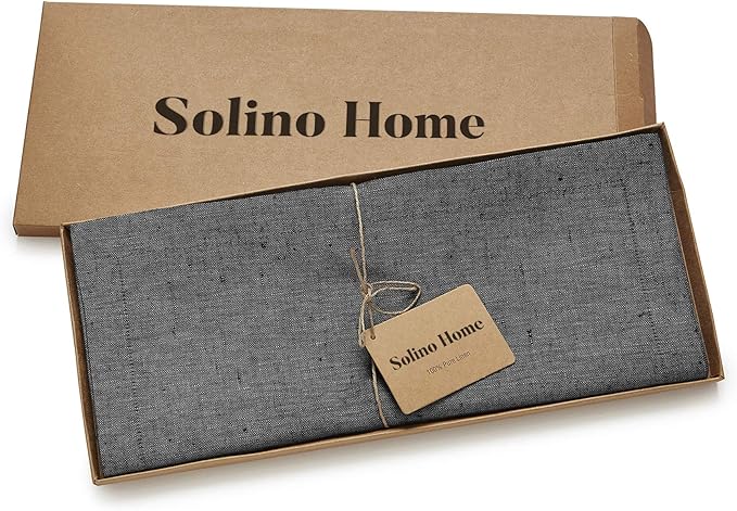 Solino Home Linen Table Runner 72 Inches Long - Athena, 100% Pure Linen Charcoal Grey Dining Table Runner 14 x 72 Inch for Winter, Thanksgiving - Handcrafted and Machine Washable