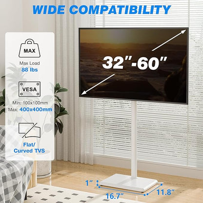 Rfiver Swivel Floor TV Stand with Mount for 28-60 inch TVs up to 88 lbs, Height Adjustable Tall TV Stand with Wood Base, Saving Space Design for Bedroom, Living Room and Corner, White