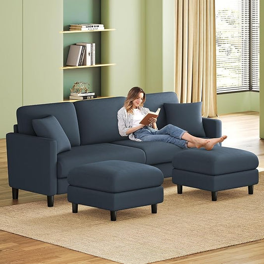 83" Couches for Living Room, Comfy Sofas for Living Room with Storage Ottomans, Teddy Sofa Couch, Tool-Free Loveseat Sofa, All-Wood Love Seat Couches, U Shaped Couch Pillows Include, Blue Grey