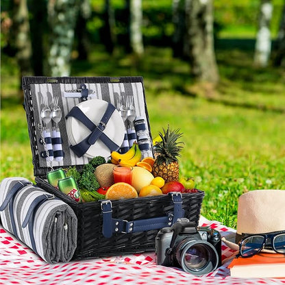 Wicker Picnic Basket for 4 with Waterproof Picnic Blanket and Insulated Cooler, Willow Hamper for Camping, Outdoors, Photoshoot, or a Birthday, Mother's Day, Wedding Gift, Black