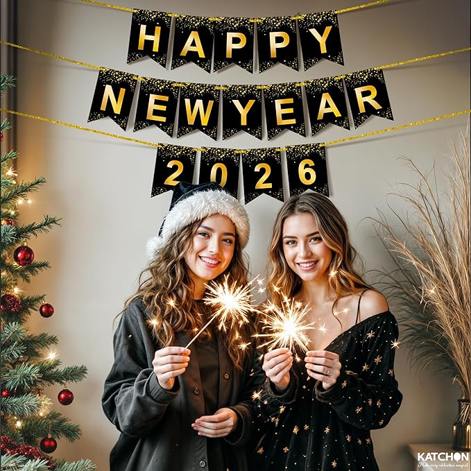 KatchOn, Happy New Year Banner - Large 10 Feet | New Year Sign for New Years Decorations 2026 | New Year's Garland for New Years Eve Party Supplies 2026 | NYE Decorations 2026