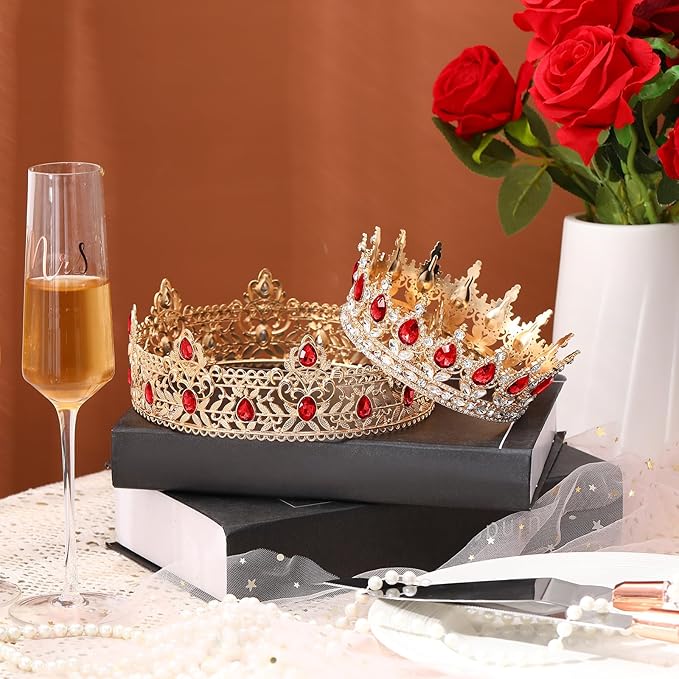 MTLEE 2 Pcs Prom King and Queen Crowns for Men Women King Queen Crowns Tiara with Rhinestone for Wedding Birthday Grad(Red Gold, Red Style)