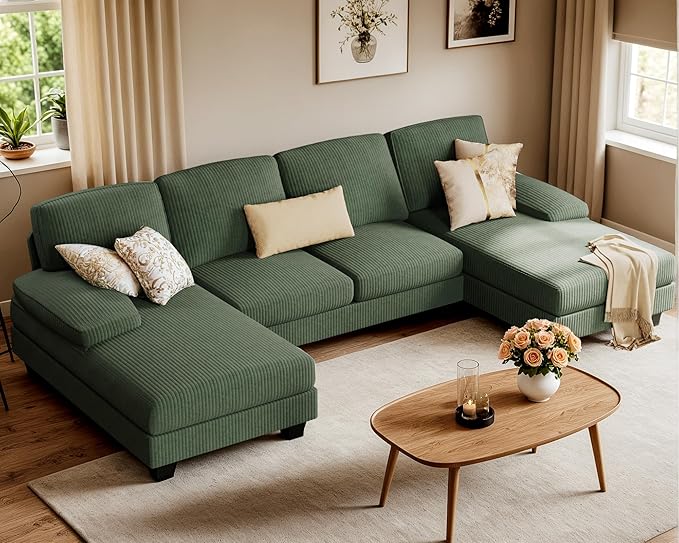 Furniwell Convertible Sectional Sofa Couch, 4 Seat Sofa Set for Living Room U-Shaped Modern Fabric Modular Sofa Sleeper with Double Chaise & Memory Foam (Corduroy, Deep Green)