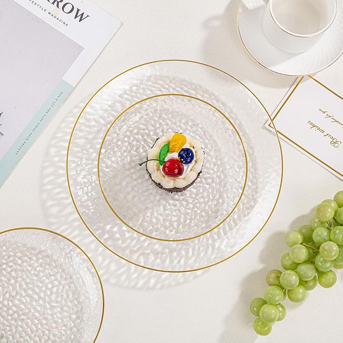 SUT 36Pcs Clear Plastic Plates, Hammered Plates Disposable Heavy Duty, Clear Disposable Plates With Gold Rim, Fancy Plastic plates Include 18 Dinner and 18 Dessert plates for Wedding