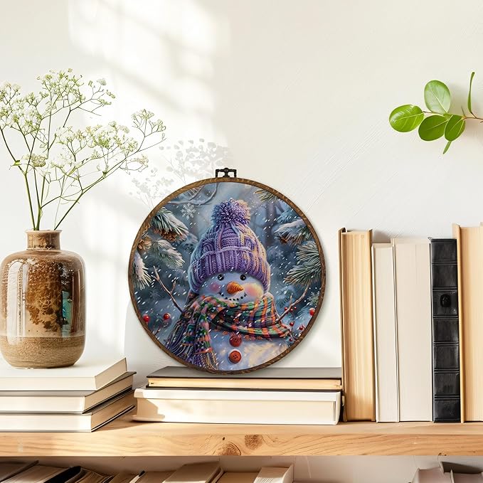 MOTERMATE Vintage Christmas Snowman Wall Art Decor Round Framed, Christmas Canvas Wall Art Artwork Prints, Cottagecore Farmhouse Xmas Snowman Hanging Decor Decorations for Home Living Room, 10x10 Inch