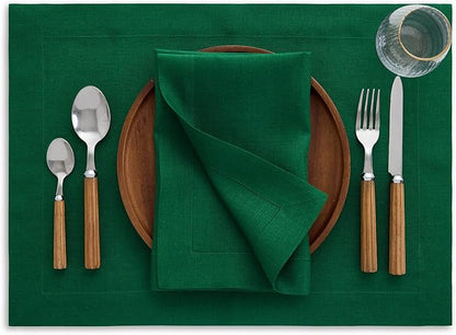 Solino Home Linen Placemats Set of 4 - Christmas Green Placemats 14 x 19 Inch - 100% Pure Linen Table Place Mats - Fete