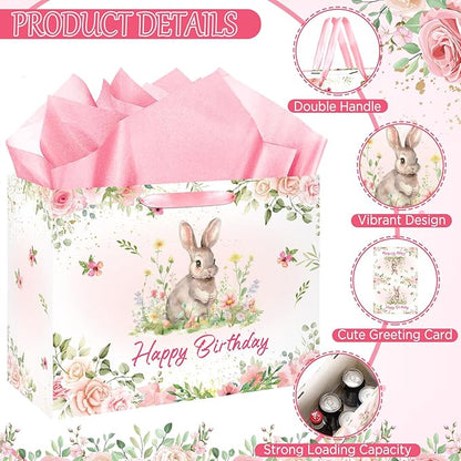 Rabbit Bunny Birthday Party Decorations Bunny Birthday Gift Bag Large Pink Floral Rabbit Gift Bag with Handle Tissue Paper Greeting Card for Girls Women Kids Christmas Baby Shower Party Supplies