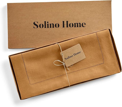 Solino Home Linen Brown Sugar Table Runner 72 Inches Long - 100% Pure Linen Hemstitch Table Runner 14 x 72 Inch for Dresser, Dining, Fall, Autumn, Thanksgiving - Classic Hemstitch