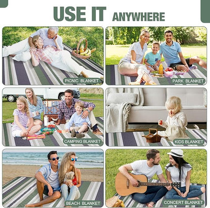 Picnic Blankets Outdoor Extra Large - 80"x80" Portable Waterproof Picnic Blanket, Machine Washable 3-Layer Foldable Picnic Mat with Sandproof Backing for Grass, Park, Hiking, Concerts (GreenStrip)