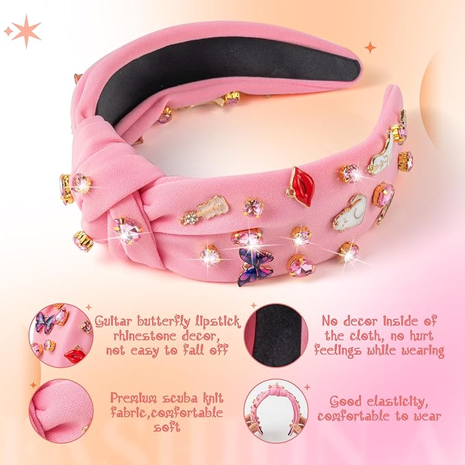 PANTIDE Music Jeweled Knotted Headband - Singer Fans Gift Guitar Red Lip Rhinestone Crystal Embellished Headband Wide Top Knot Fashion Hairband Birthday Back To School Gift for Women Girls (Pink)