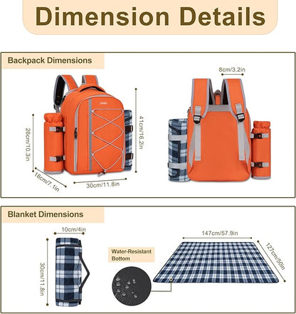 Picnic Backpack for 4 Persons with Insulated Leakproof Cooler Compartment, Cutlery Sets, Wine Holder, Fleece Blanket, Wedding Gifts for Couples, Perfect for Beach, Camping, Hiking, Orange