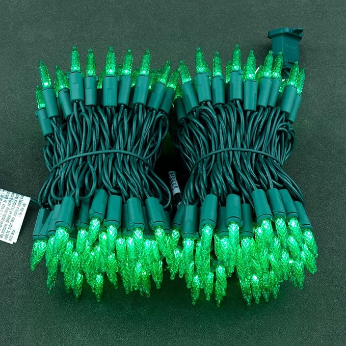 YULETIME Green Faceted LED Christmas Lights 200 Count 50 ft, Pack of 2 Strands 25 ft 100 Lights UL Certified Commercial Grade Green Wire Holiday String Light Set (Green)
