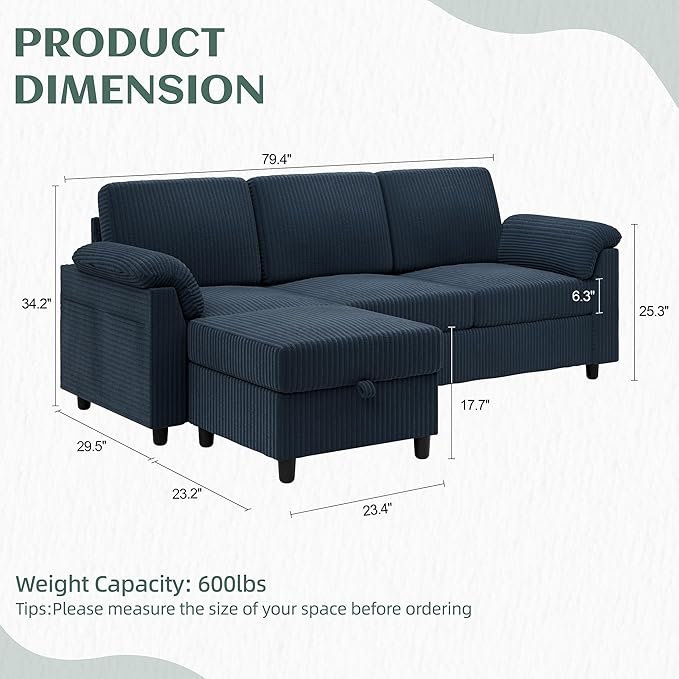 Vongrasig 79" Convertible Sectional Couches Sofa with Storage Ottoman, 3 Seat L Shaped Couch with Side Storage Pockage, Small Couches for Living Room, Apartment and Small Space, Dark Blue