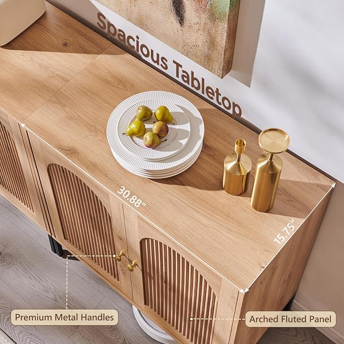 Modern Buffet Cabinet with Storage, 92.63" W Fluted Arched Sideboard Cabinet w/Adjustable Shelves, Wooden Modular Coffee Bar for Dining Room, Kitchen, Living Room, Entryway, Natural