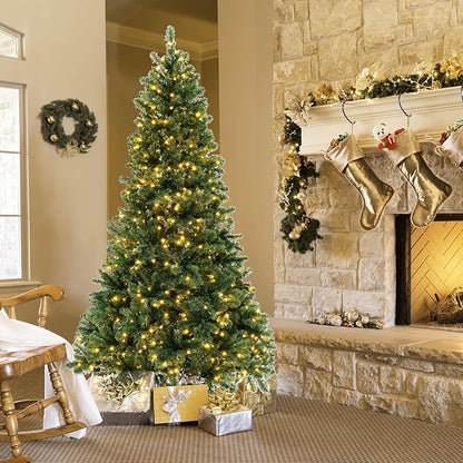 GOLFAME 7FT Pre-Lit Artificial Christmas Tree, Decorative Hinged Xmas Tree with 700 LED Lights, 1188 Branch Tips, Upgraded Metal Stand, Christmas Holiday Tree for Home Office Party