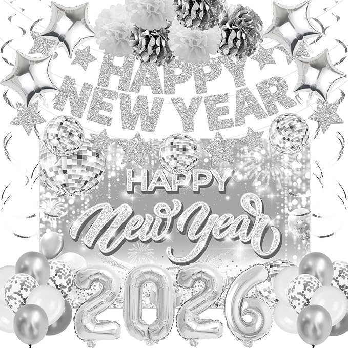 New Years Eve Party Supplies 2026 Happy New Year Decorations Kit - Silver Happy New Year Banner, Backdrop, 2026 Balloons, Pom Poms and Hanging Swirls for Kids Adults Party Decor
