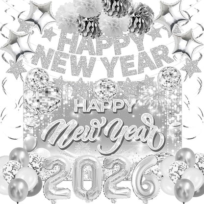 New Years Eve Party Supplies 2026 Happy New Year Decorations Kit - Silver Happy New Year Banner, Backdrop, 2026 Balloons, Pom Poms and Hanging Swirls for Kids Adults Party Decor