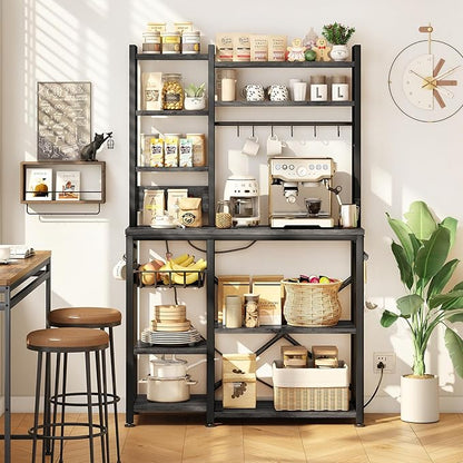 SNTD Baker Rack with Power Outlet - Microwave Stand with Storage, Large Coffee Bar Station with 14 Hooks, Metal Kitchen Shelf Rack for Spices, Pots (Rustic Grey)