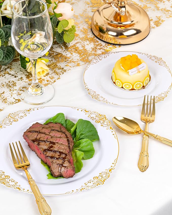 Nervure 300PCS Gold Plastic Silverware - Heavy Duty Disposable Cutlery Set,Luxury Gold Plastic Utensils include 100Pcs Forks, 100Pcs Spoons, 100pcs Knives Perfect for Wedding,Party,Daily Use
