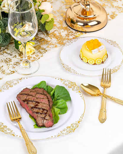 Nervure 300PCS Gold Plastic Silverware - Heavy Duty Disposable Cutlery Set,Luxury Gold Plastic Utensils include 100Pcs Forks, 100Pcs Spoons, 100pcs Knives Perfect for Wedding,Party,Daily Use