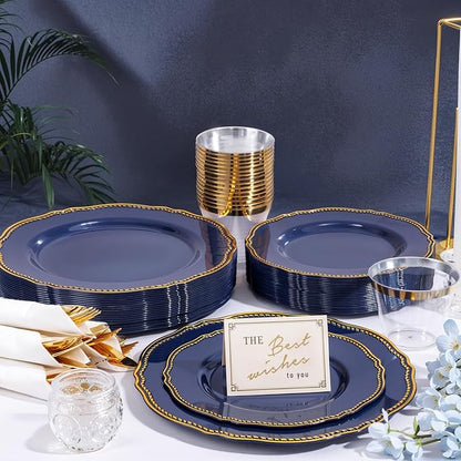 Hioasis 175pcs Blue Gold Plastic Plates - Gold Plastic Dinnerware Set Includes 25 Dinner Plates, 25 Dessert Dinnerware, 25 Cups, 25 Napkins Perfect for Christmas & Party