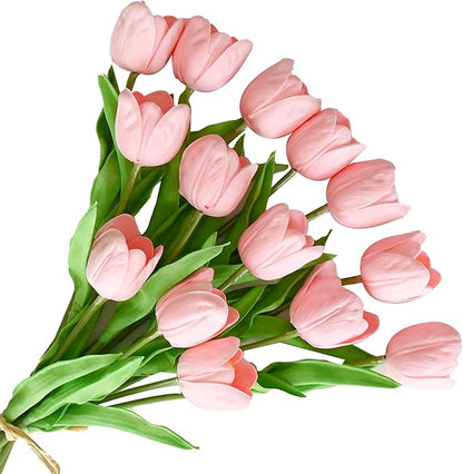 ONLY ART Artificial Light Pink Partially Open Tulips 12 Pcs – 13.5 Inch PU Faux Flowers with Bendable Stems for Home Décor, Wedding Centerpieces, DIY Floral Arrangements, Table Decorations