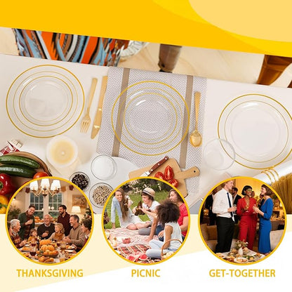 GATHER 350PCS Clear Gold Plastic Plates - Disposable Gold Dinnerware Sets Includes 100 Gold Rim Plastic Plates, 150 Silverware, 50 Napkins, 50 Cups for Party, Wedding & Christmas