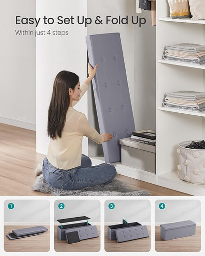 SONGMICS MAZIE Collection - 43 Inches Folding Storage Ottoman Bench, Ottoman with Storage, Foot Rest Stool, Load 660 lb, for Living Room, Synthetic Leather, Light Gray ULSF70GY