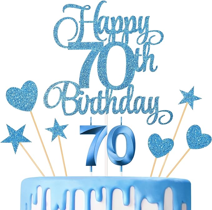 70th Birthday Cake Decorations, 70th Birthday Candles Cake Numeral Candles and Glitter Happy 70th Birthday Cake Toppers Set for Birthday Party Supplies (Blue)