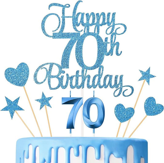 70th Birthday Cake Decorations, 70th Birthday Candles Cake Numeral Candles and Glitter Happy 70th Birthday Cake Toppers Set for Birthday Party Supplies (Blue)