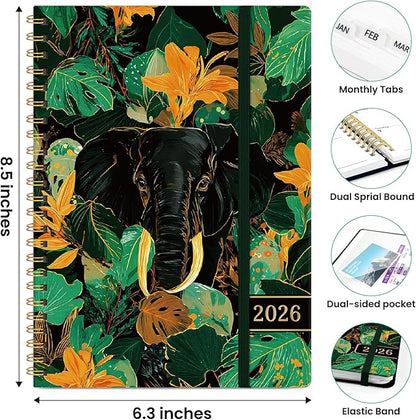 2026 Planner, Weekly and Monthly Planner for Women, Jan 2026 - Dec 2026 Pretty 2026 Calendar Planner with Monthly Tabs, Inner Pocket, Spiral Binding, Perfect for Office Home School - 6.3" x 8.5", Jungle Elephant